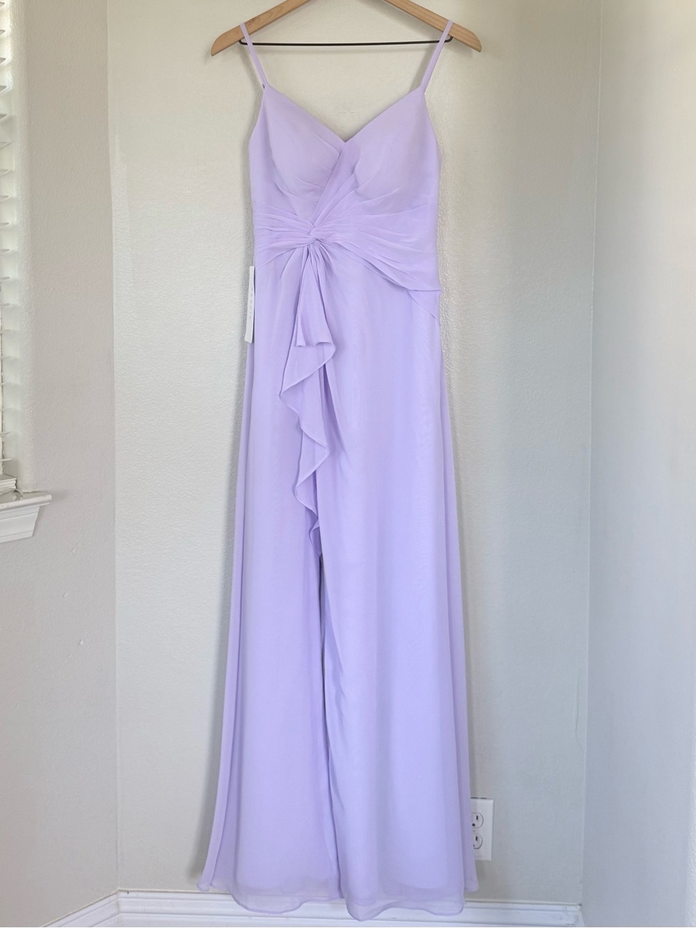 AZAZIE NWT 2 A2 Emerald Chiffon Gown Dress in Lilac • V-Neck High Slit Flowy - Picture 2 of 16